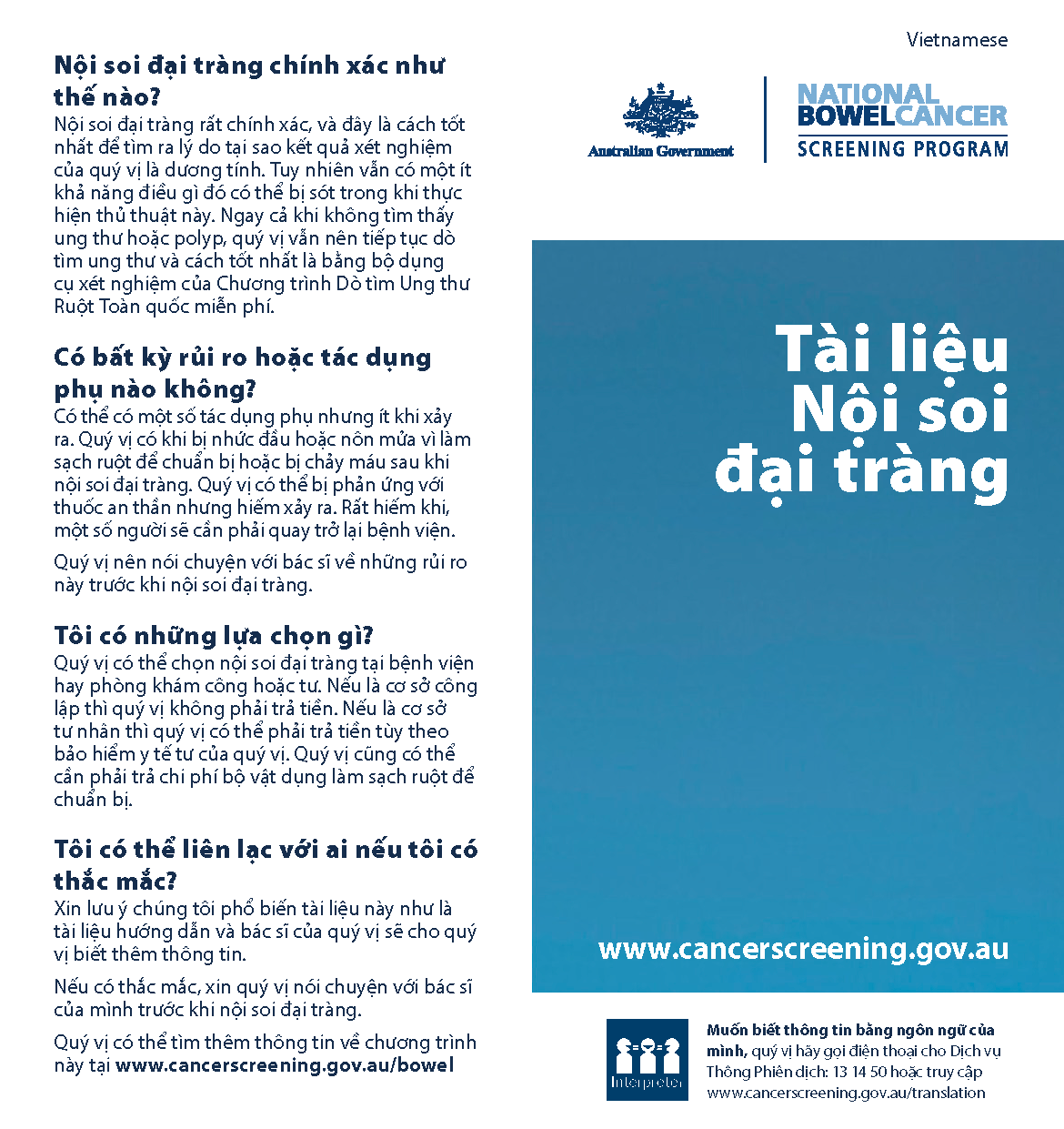 Cover image for National Bowel Cancer Screening Program – colonoscopy brochure (Vietnamese).