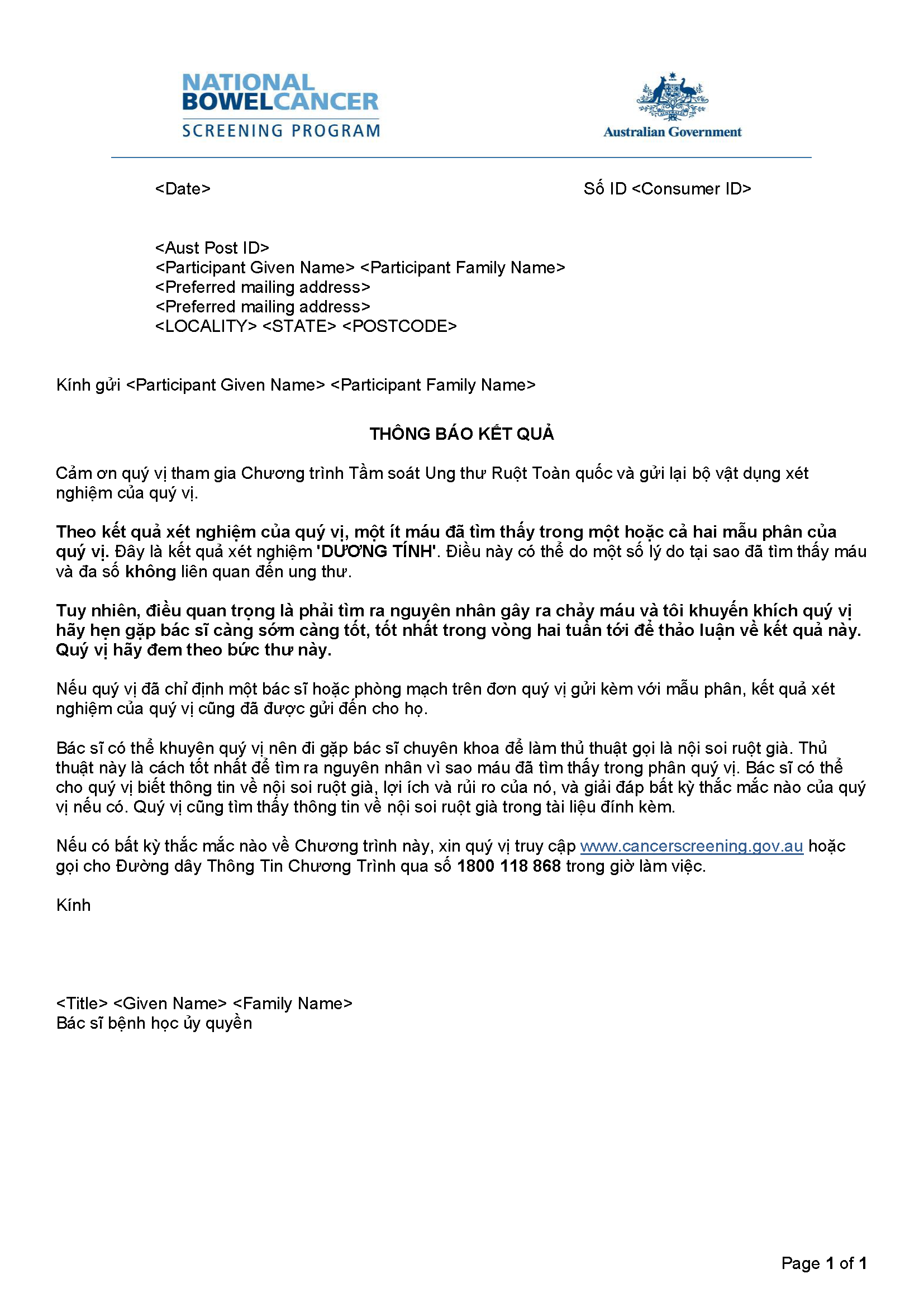 Cover image for National Bowel Cancer Screening Program – Results notification letter – positive (Vietnamese).