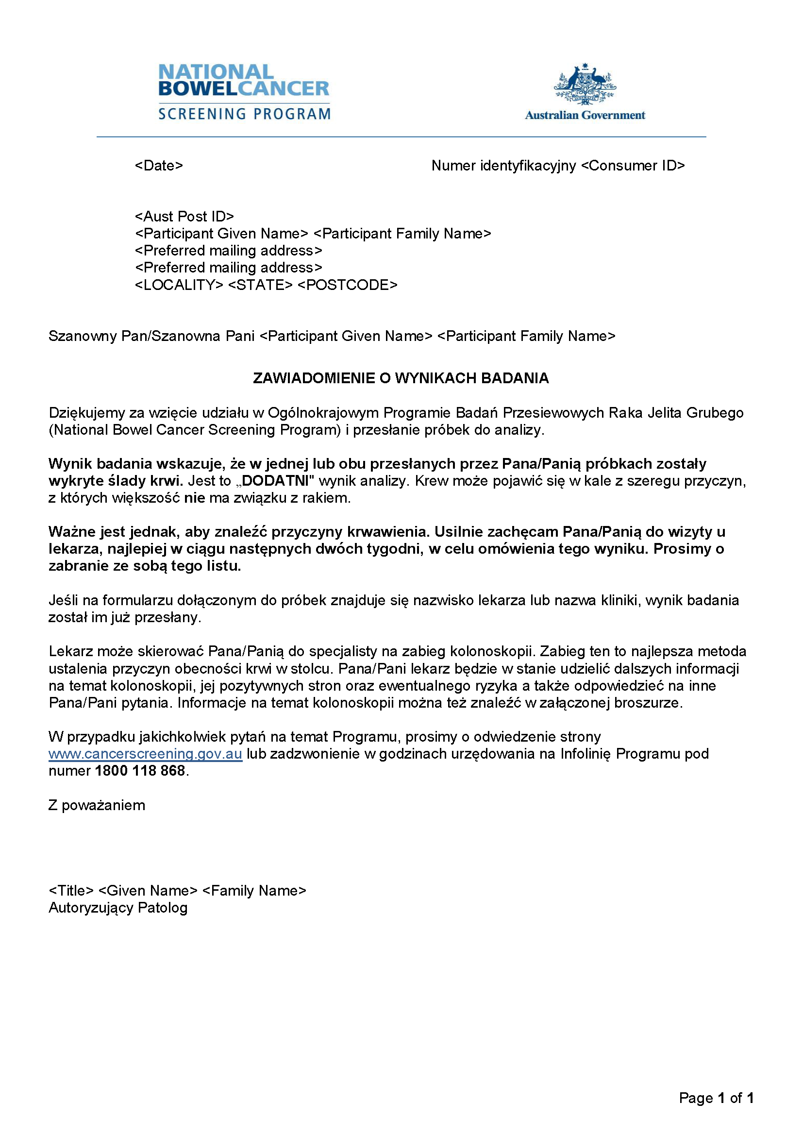 Cover image for National Bowel Cancer Screening Program – Results notification letter – positive (Polish).