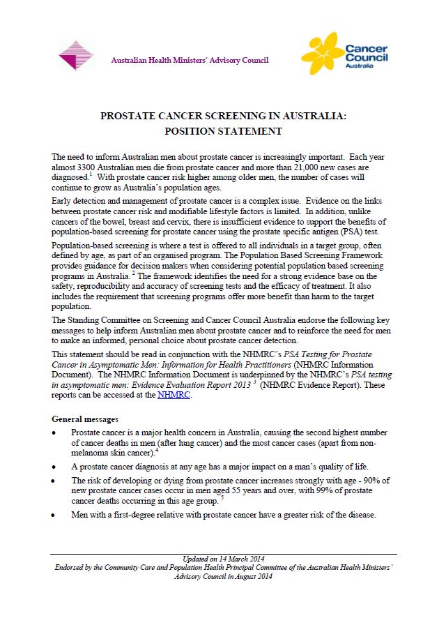 Cover image for Prostate cancer screening – position statement