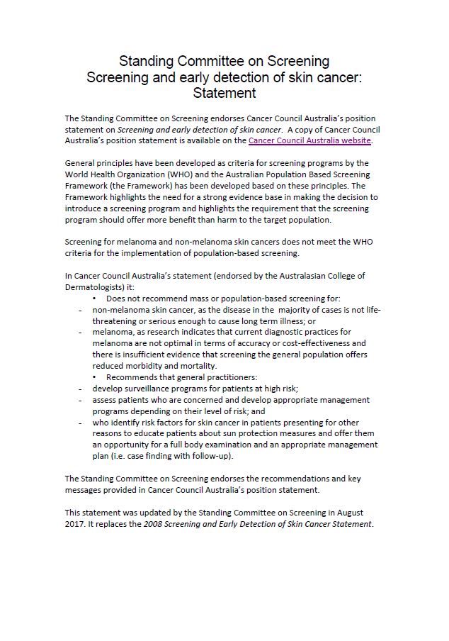 Cover image of the Statement on skin cancer screening