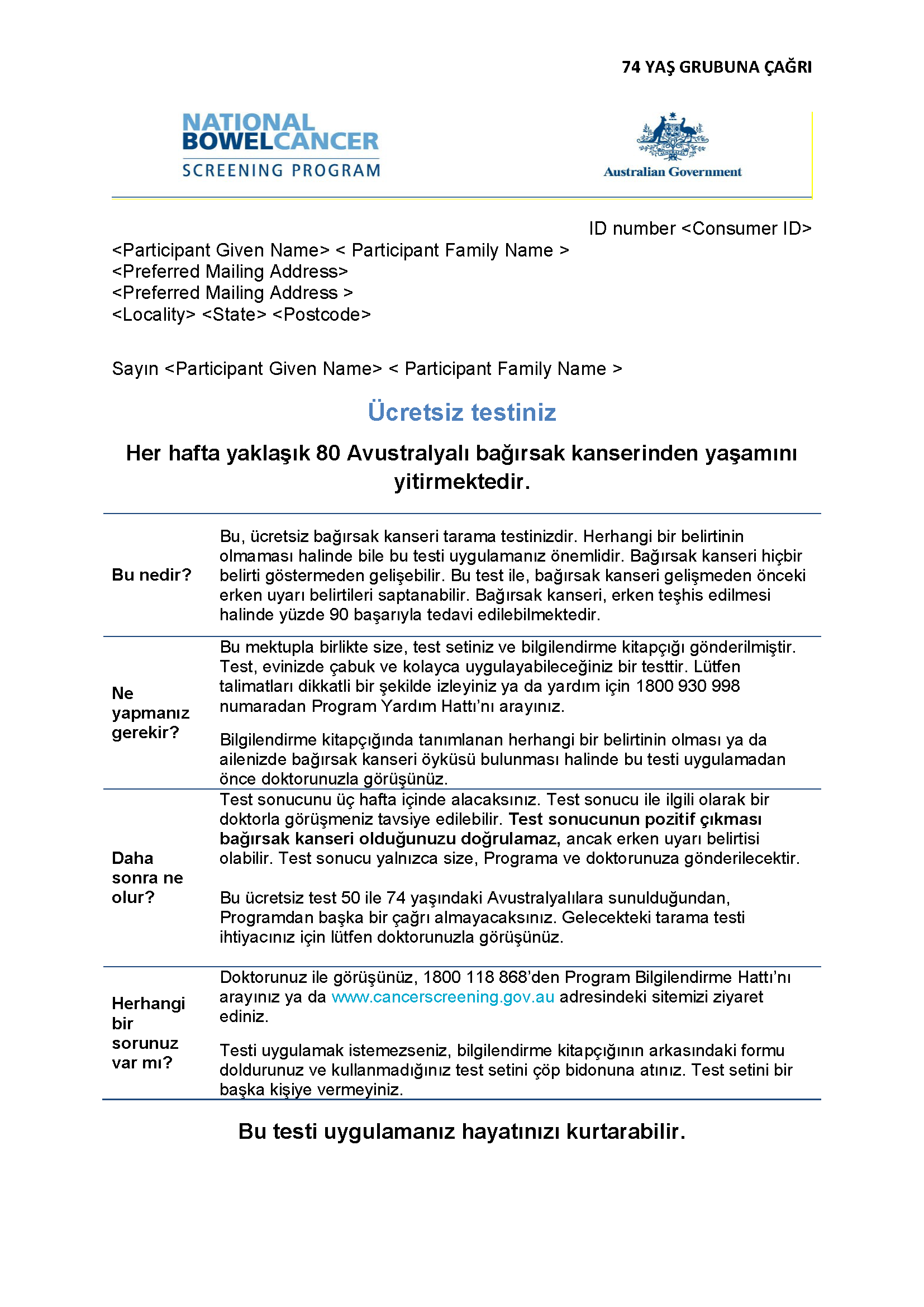 Cover image for National Bowel Cancer Screening Program – Invitation letter for 74-year-olds (Turkish).