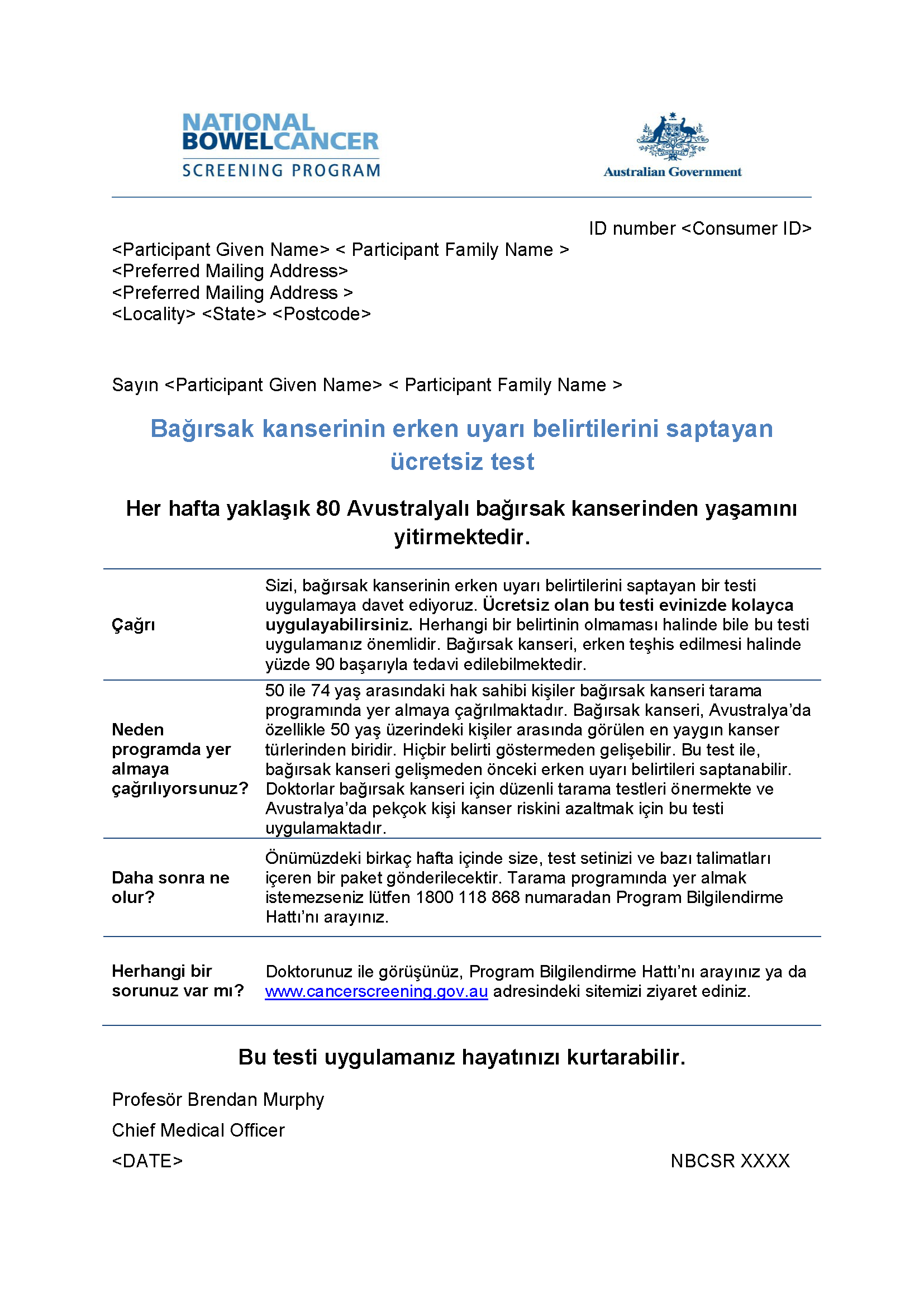 Cover image for National Bowel Cancer Screening Program – Pre-invite letter (Turkish).