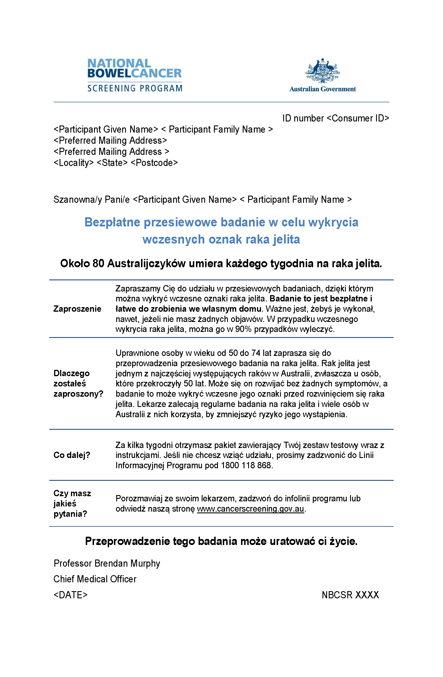 Cover image for National Bowel Cancer Screening Program – Pre-invite letter (Polish).