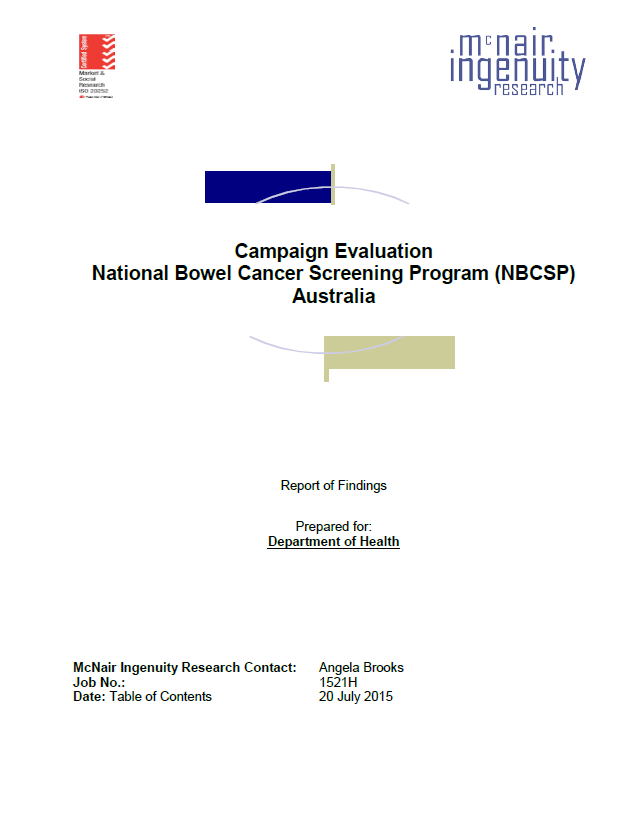 Cover image for the National Bowel Cancer Screening – Campaign evaluation 2015.