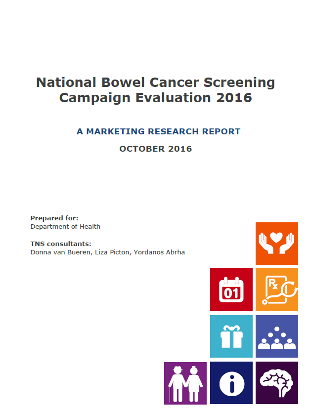 Cover image for the National Bowel Cancer Screening – Campaign evaluation 2016.