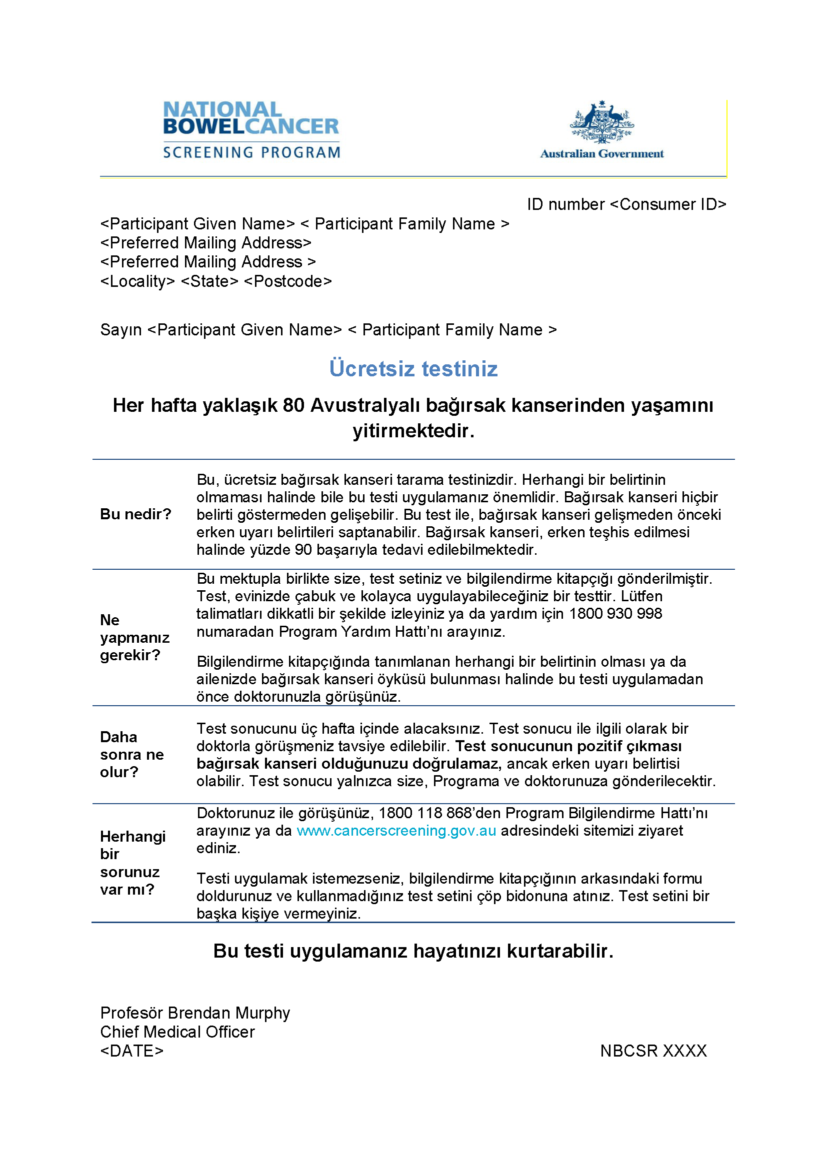 Cover image for National Bowel Cancer Screening Program – Invitation letter (Turkish).