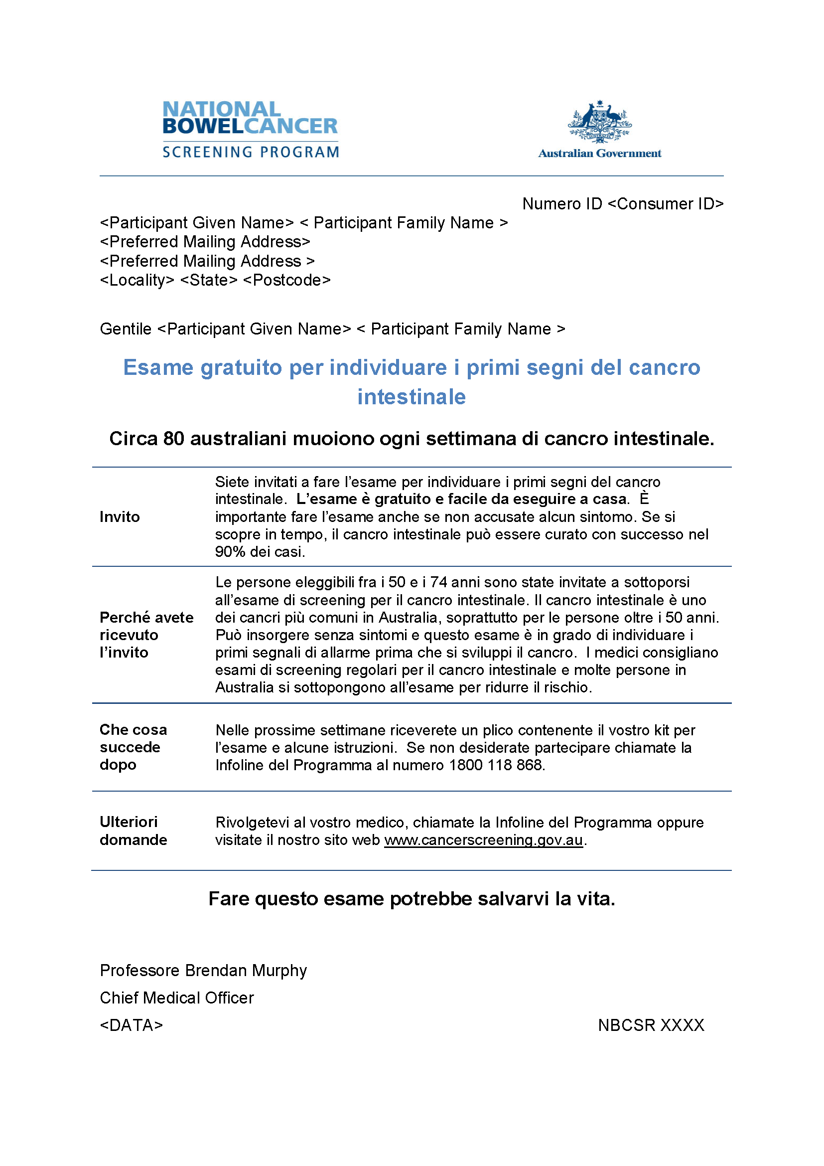 Cover image for National Bowel Cancer Screening Program – Pre-invite letter (Italian).