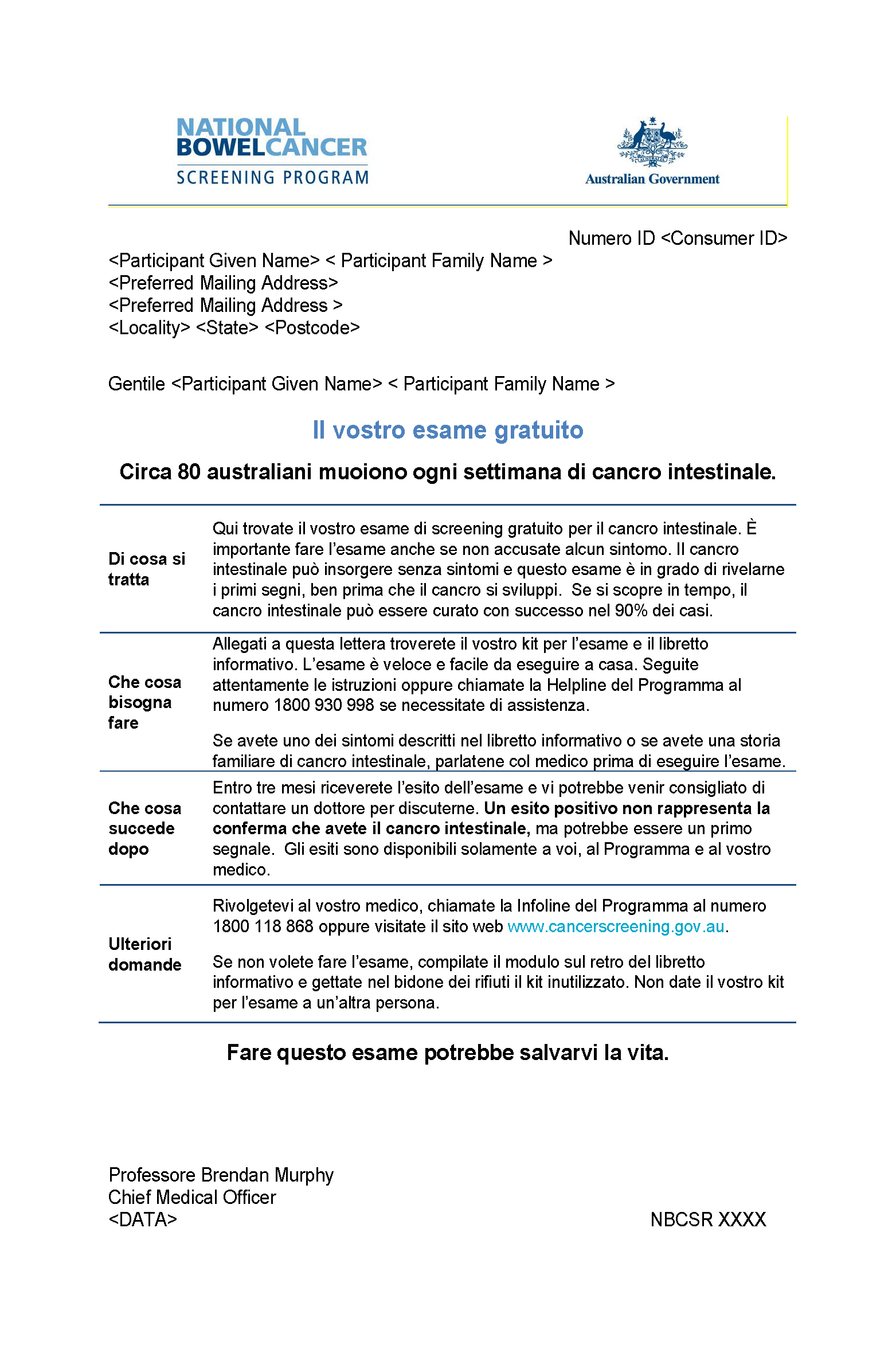 Cover image for National Bowel Cancer Screening Program – Invitation letter (Italian).