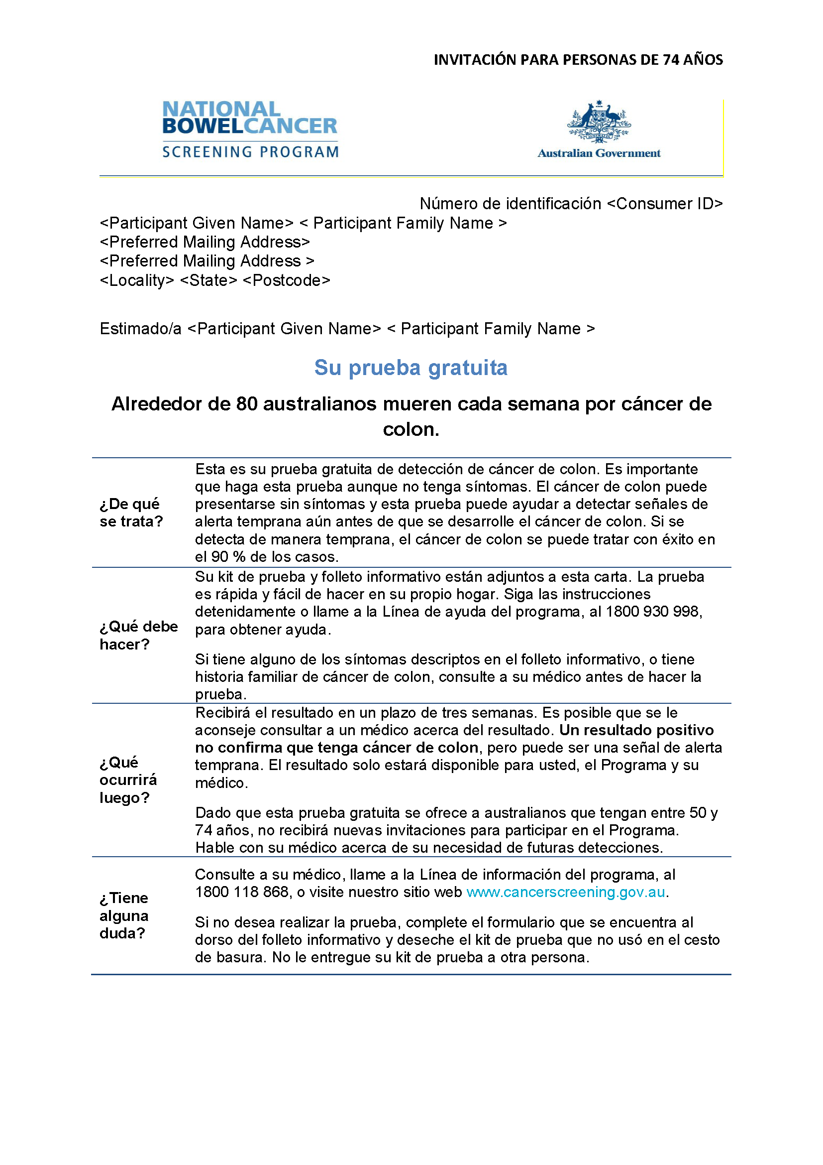 Cover image for National Bowel Cancer Screening Program – Invitation letter for 74-year-olds (Spanish).