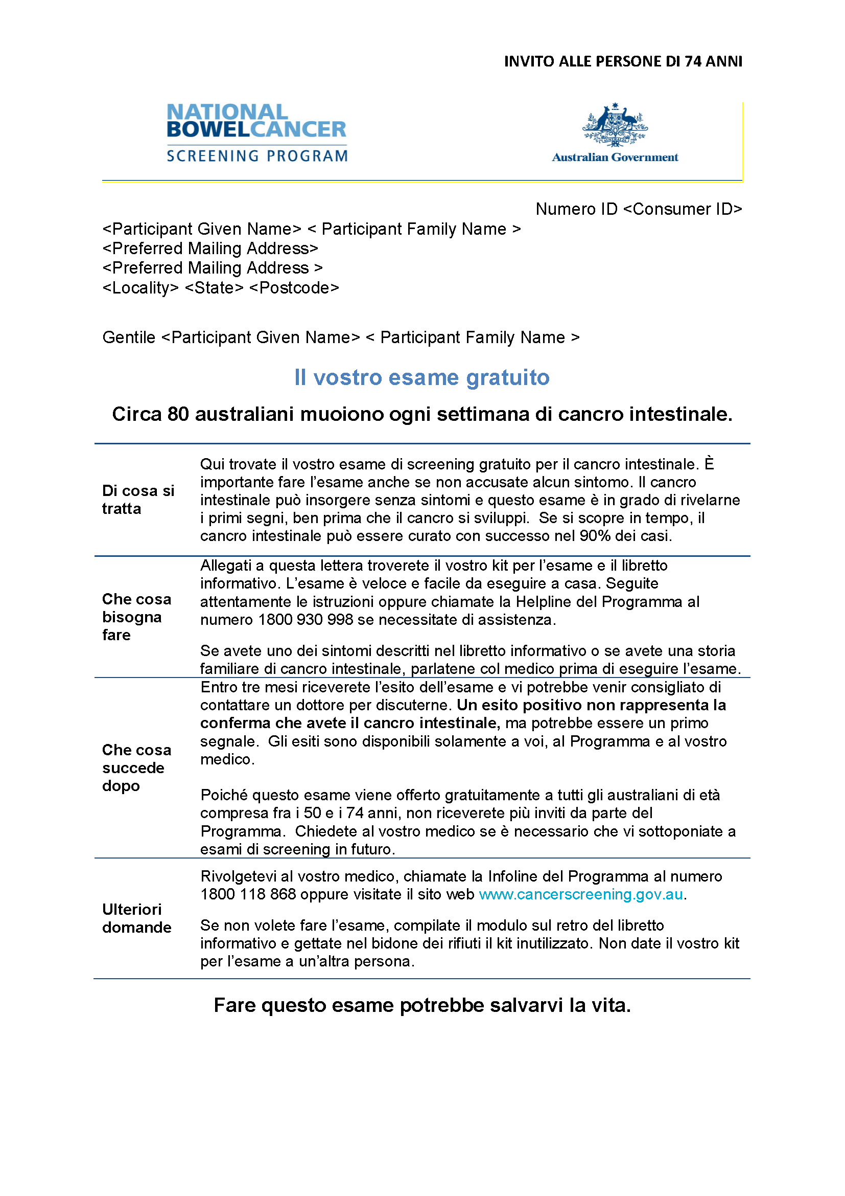Cover image for National Bowel Cancer Screening Program – Invitation letter for 74-year-olds (Italian).