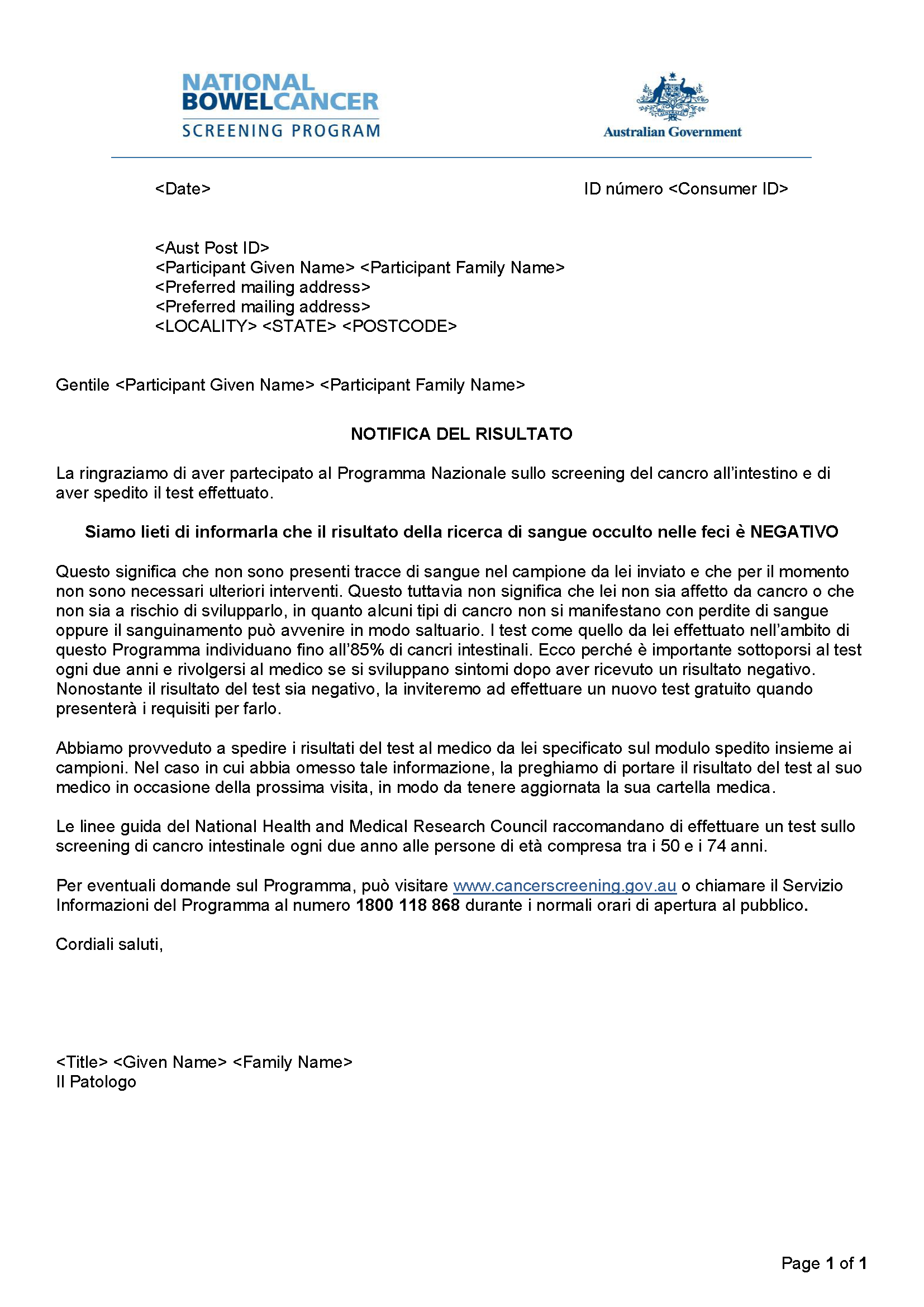 Cover image for National Bowel Cancer Screening Program – Results notification letter – negative (Italian).