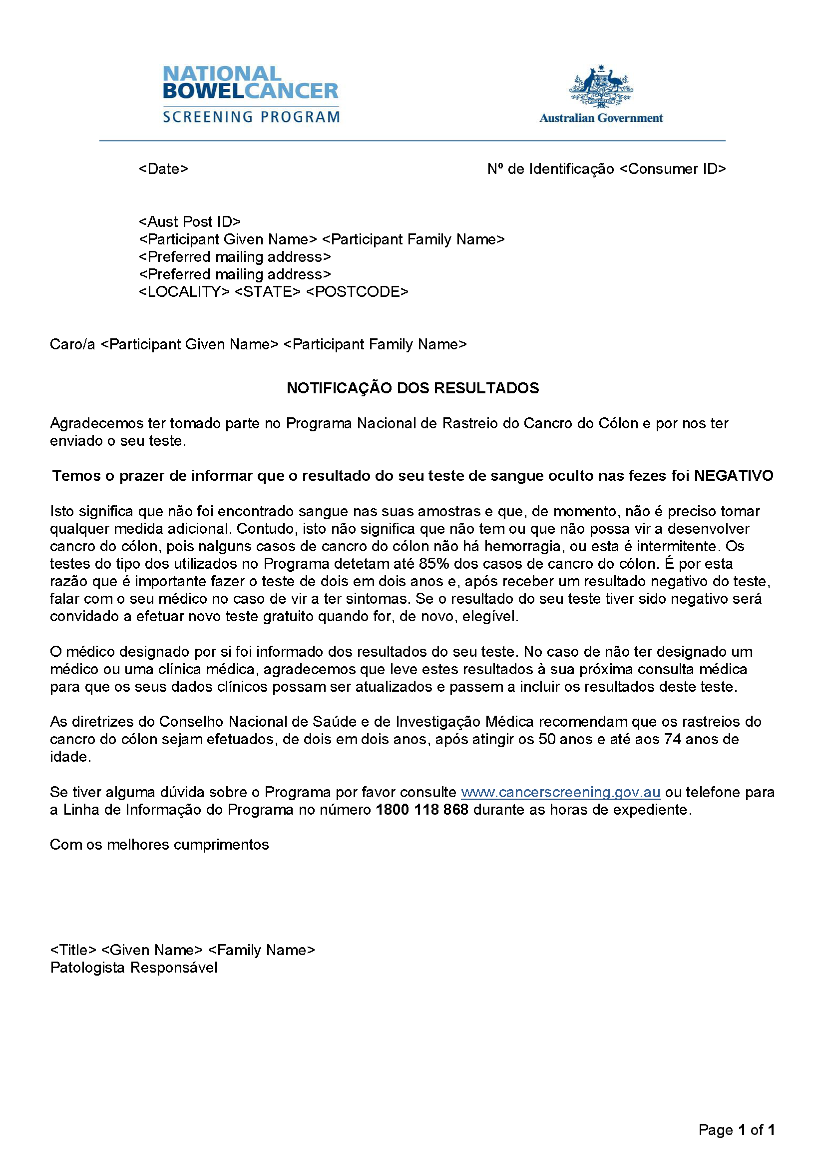 Cover image for National Bowel Cancer Screening Program – Results notification letter – negative (Portuguese).