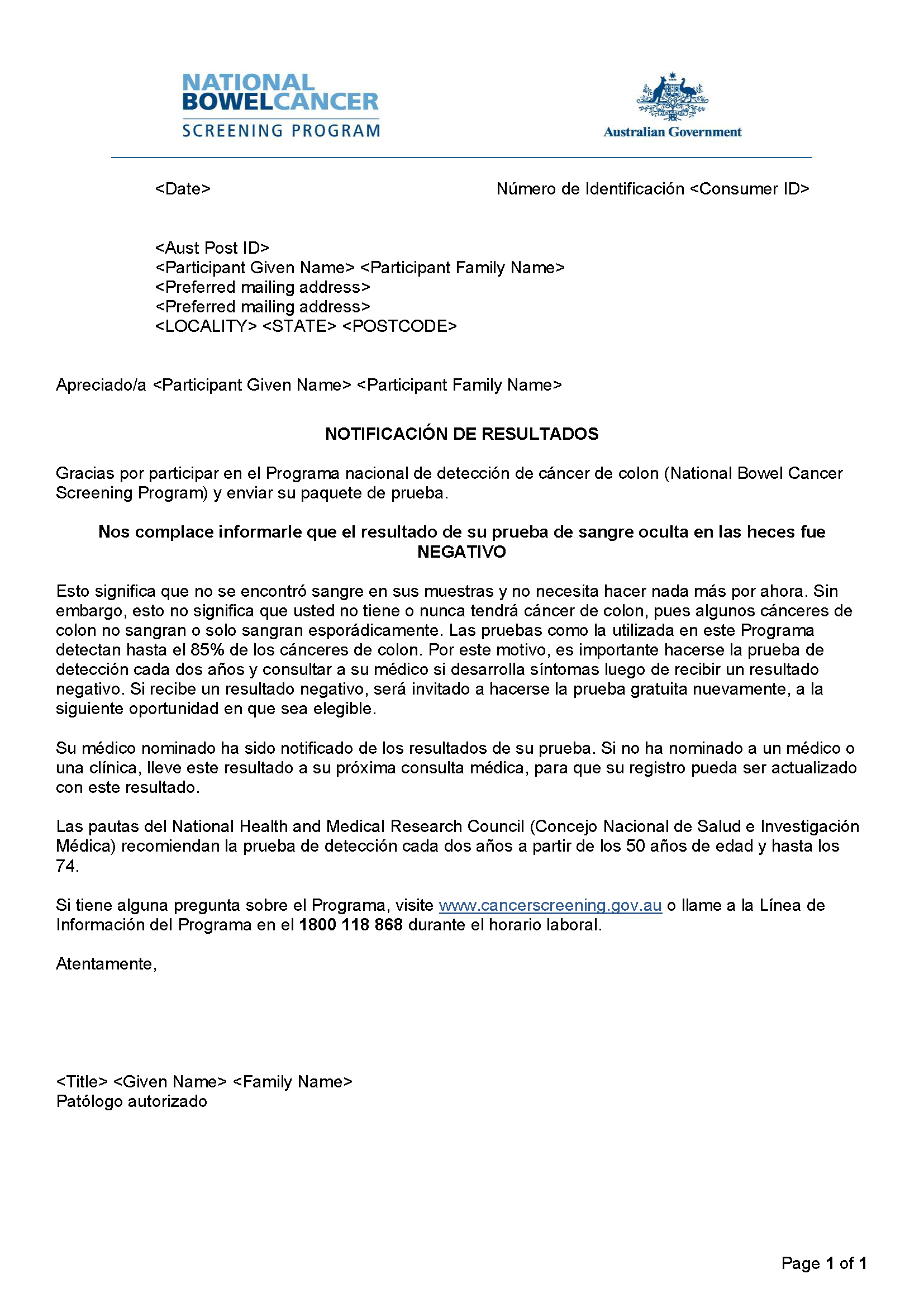 Cover image for National Bowel Cancer Screening Program – Results notification letter – negative (Spanish).