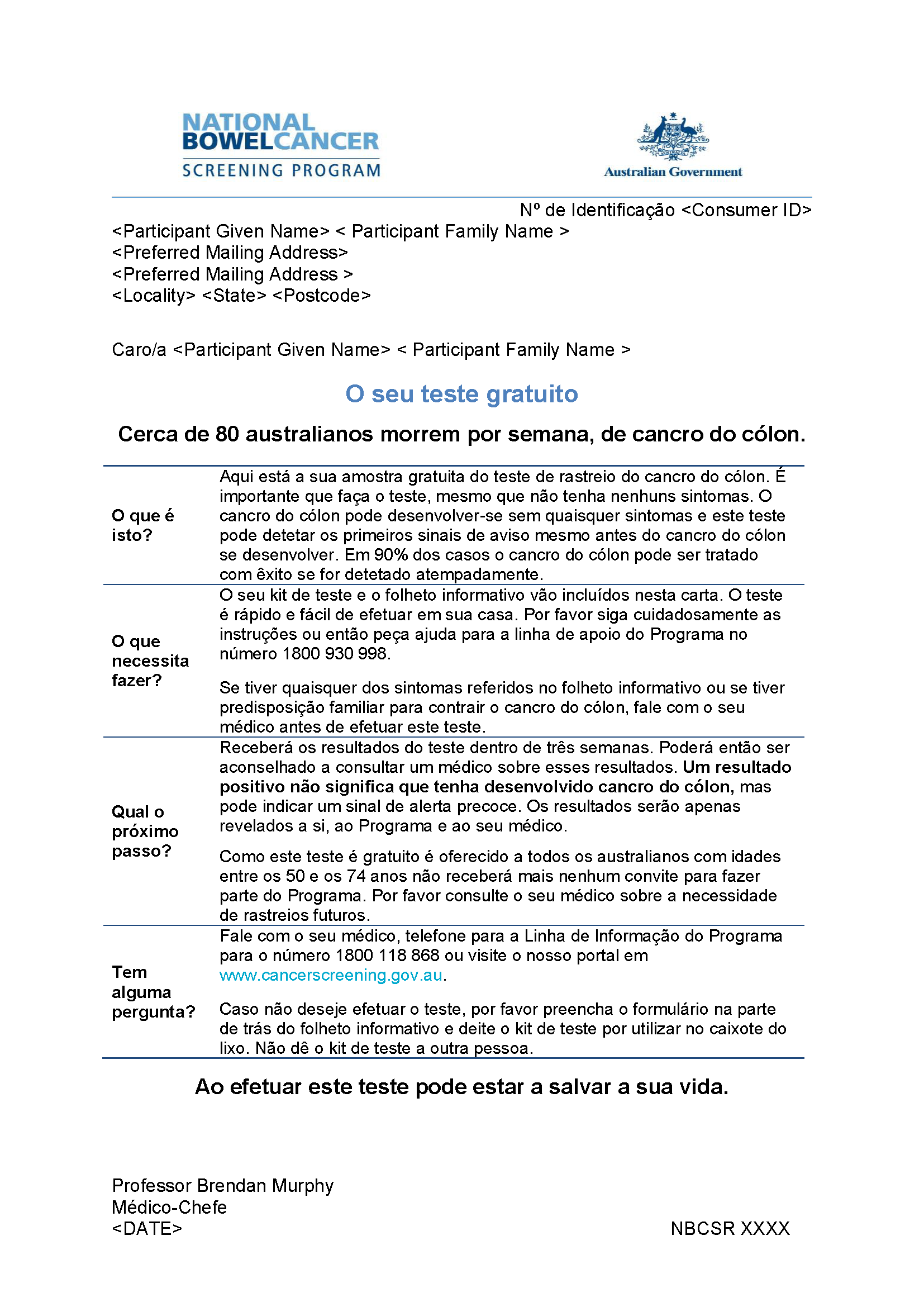 Cover image for National Bowel Cancer Screening Program – Invitation letter for 74-year-olds (Portuguese).
