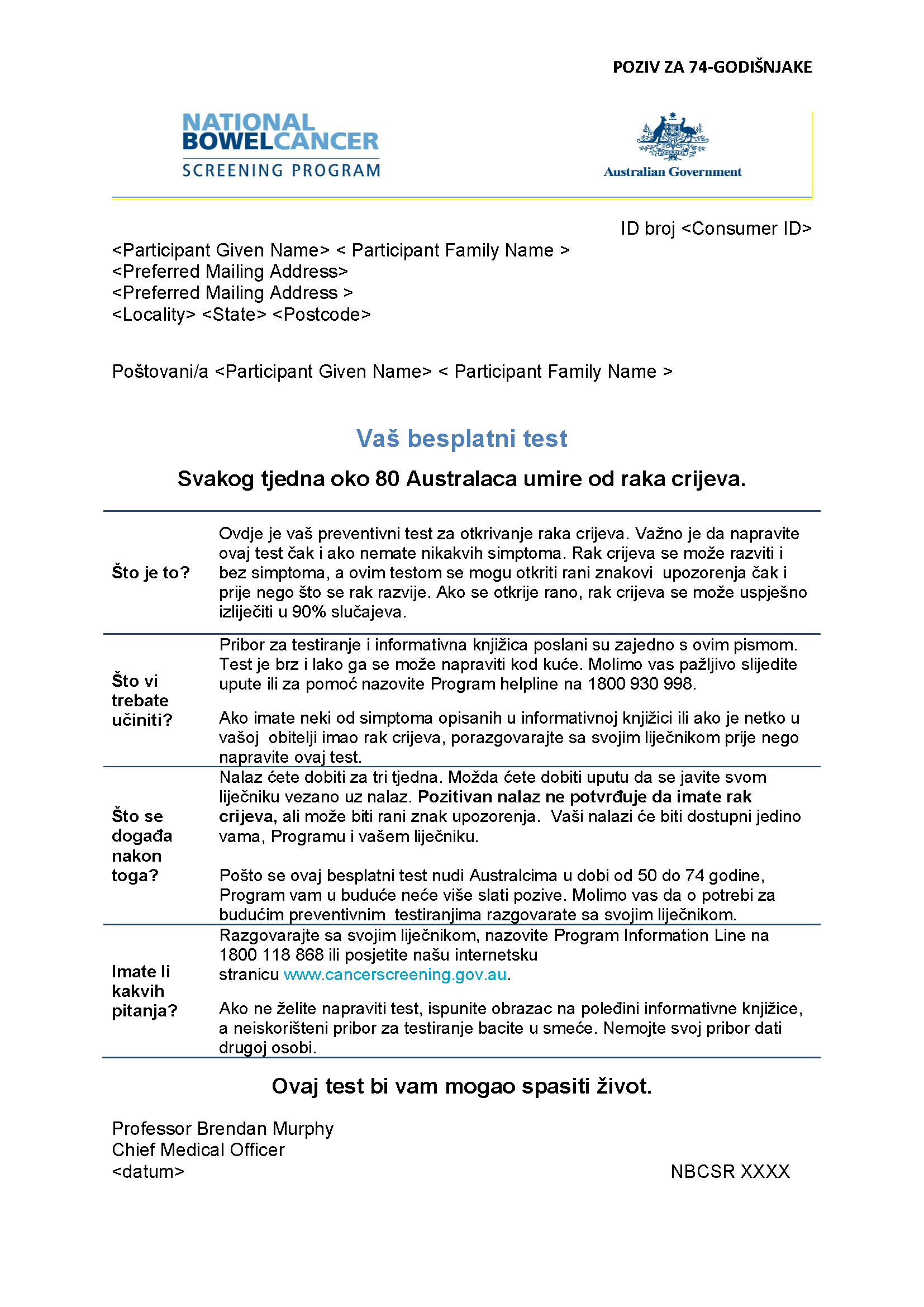 Cover image for National Bowel Cancer Screening Program – Invitation letter for 74-year-olds (Croatian).