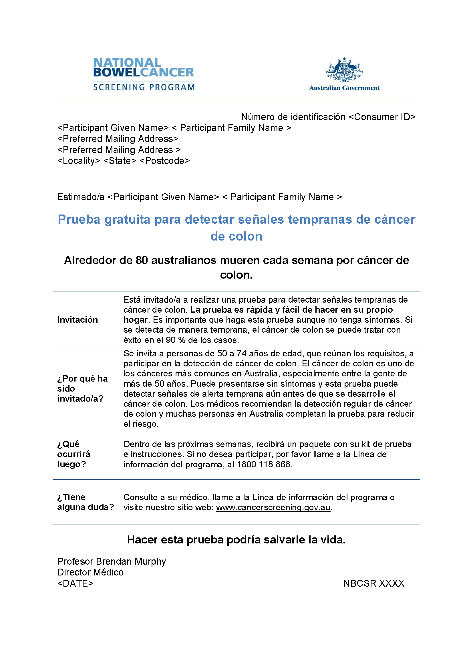 Cover image for National Bowel Cancer Screening Program – Pre-invite letter (Spanish).