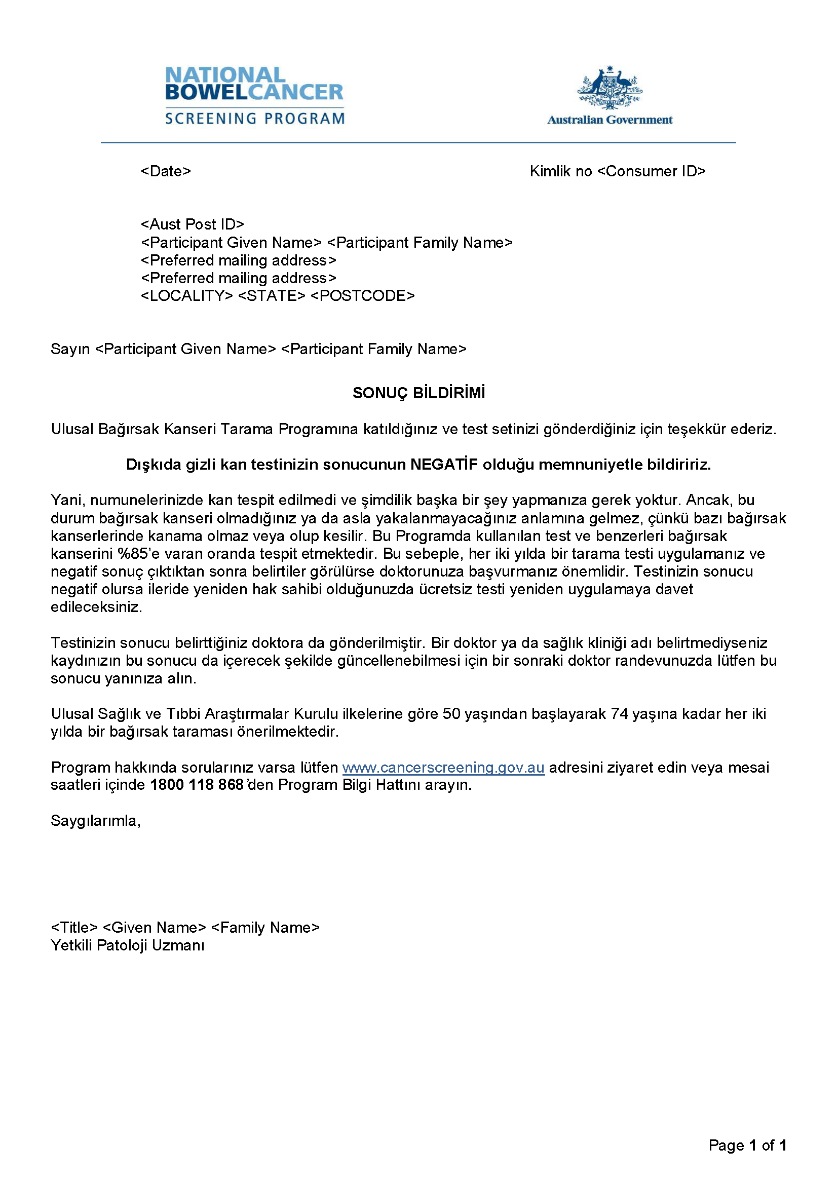 Cover image for National Bowel Cancer Screening Program – Results notification letter – negative (Turkish).