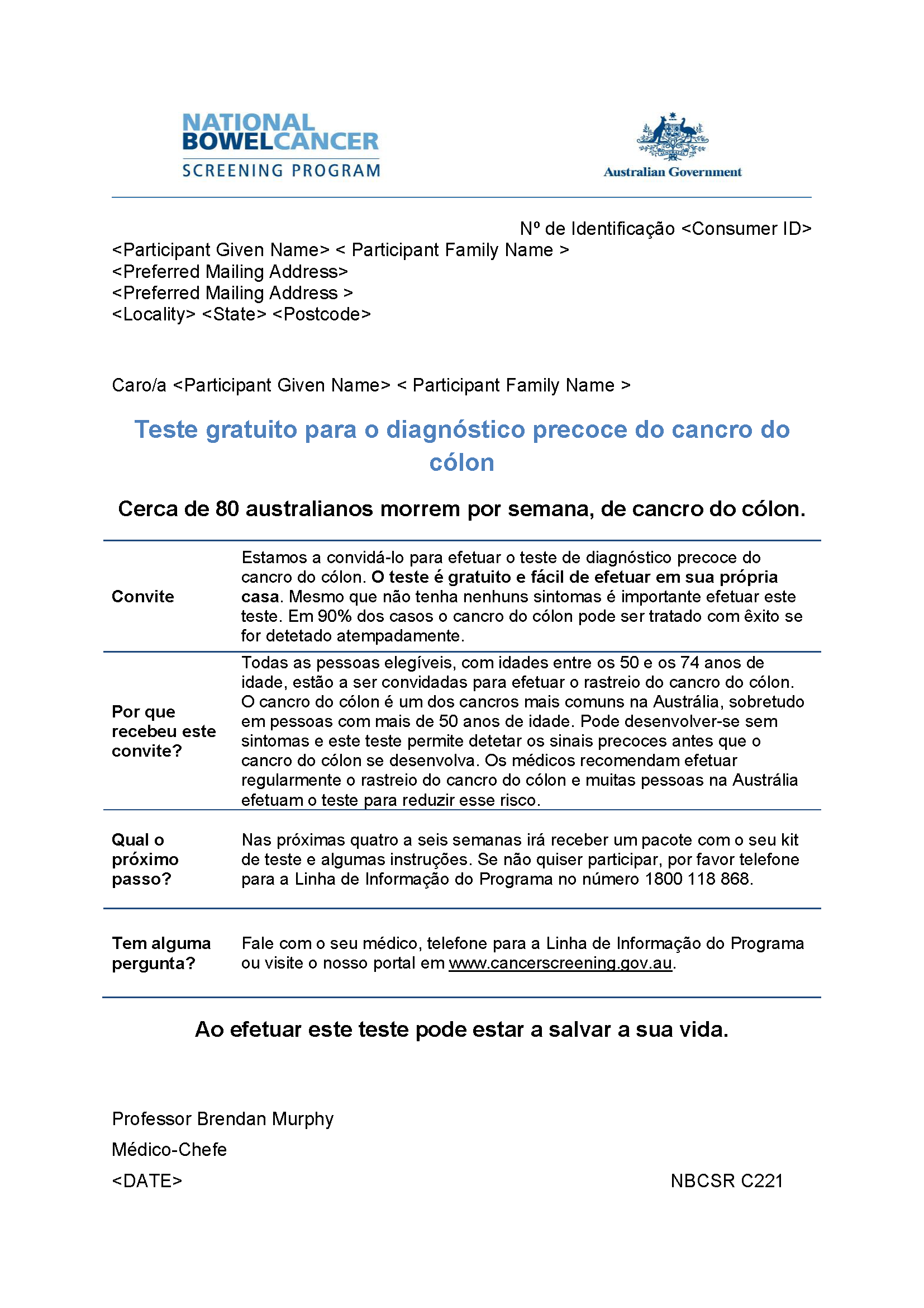 Cover image for National Bowel Cancer Screening Program – Pre-invite letter (Portuguese).