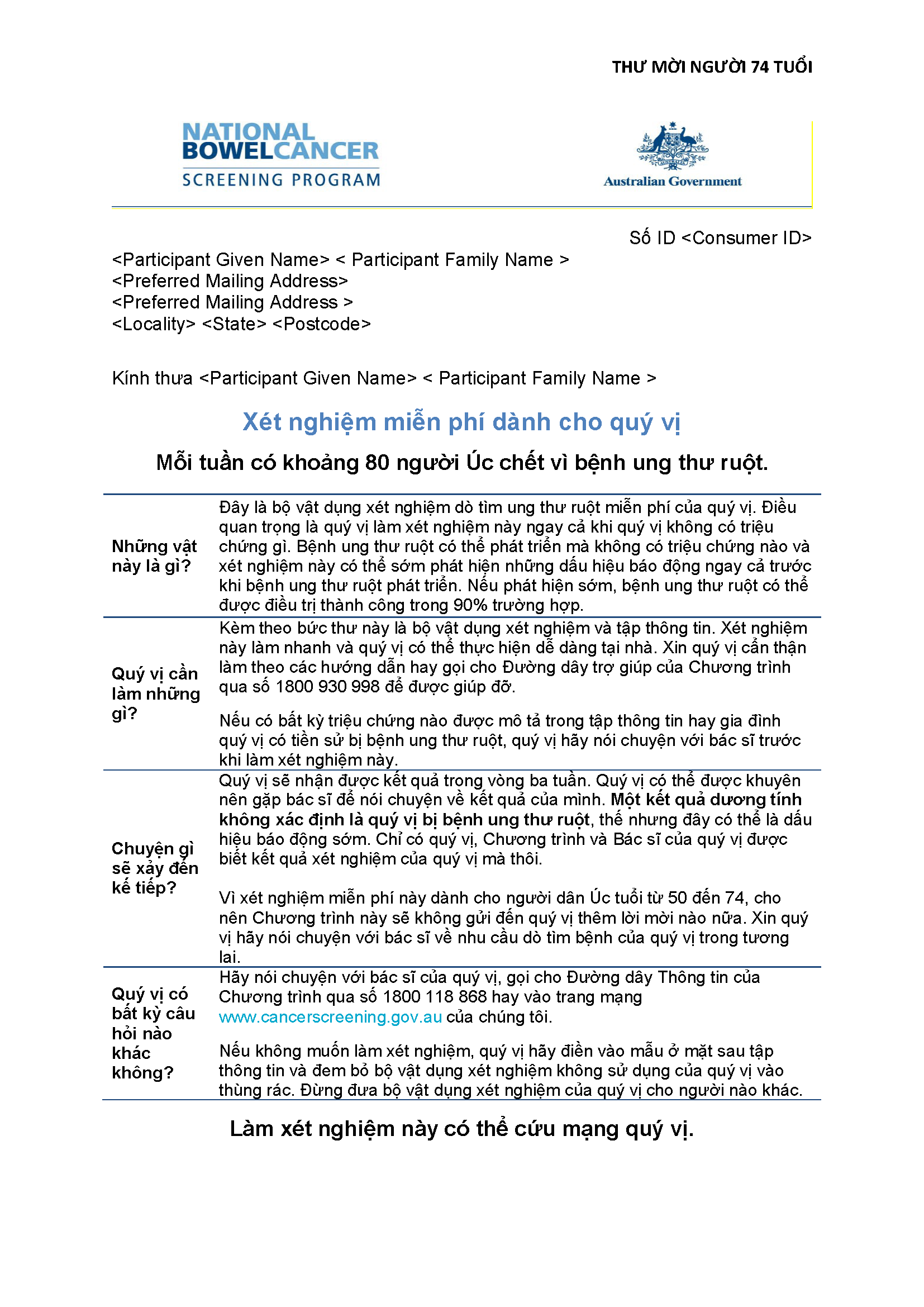 Cover image for National Bowel Cancer Screening Program – Invitation letter for 74-year-olds (Vietnamese).