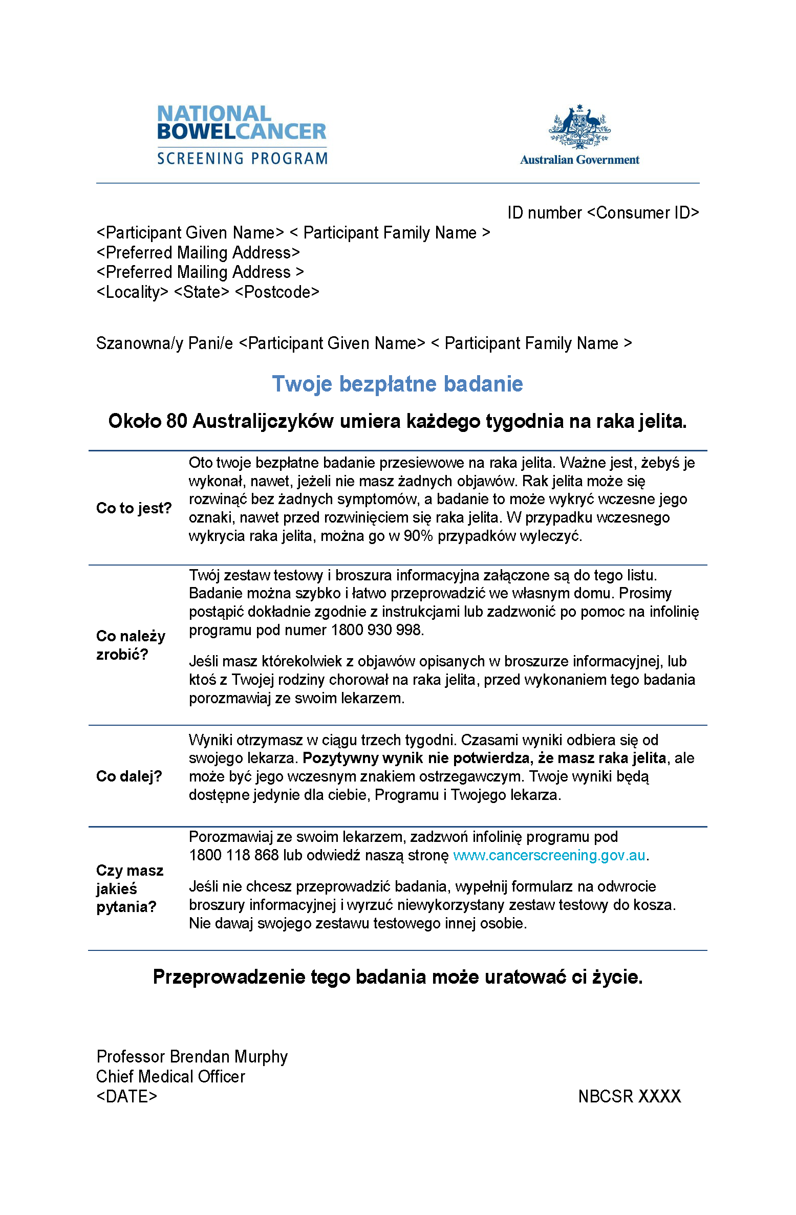 Cover image for National Bowel Cancer Screening Program – Invitation letter (Polish).
