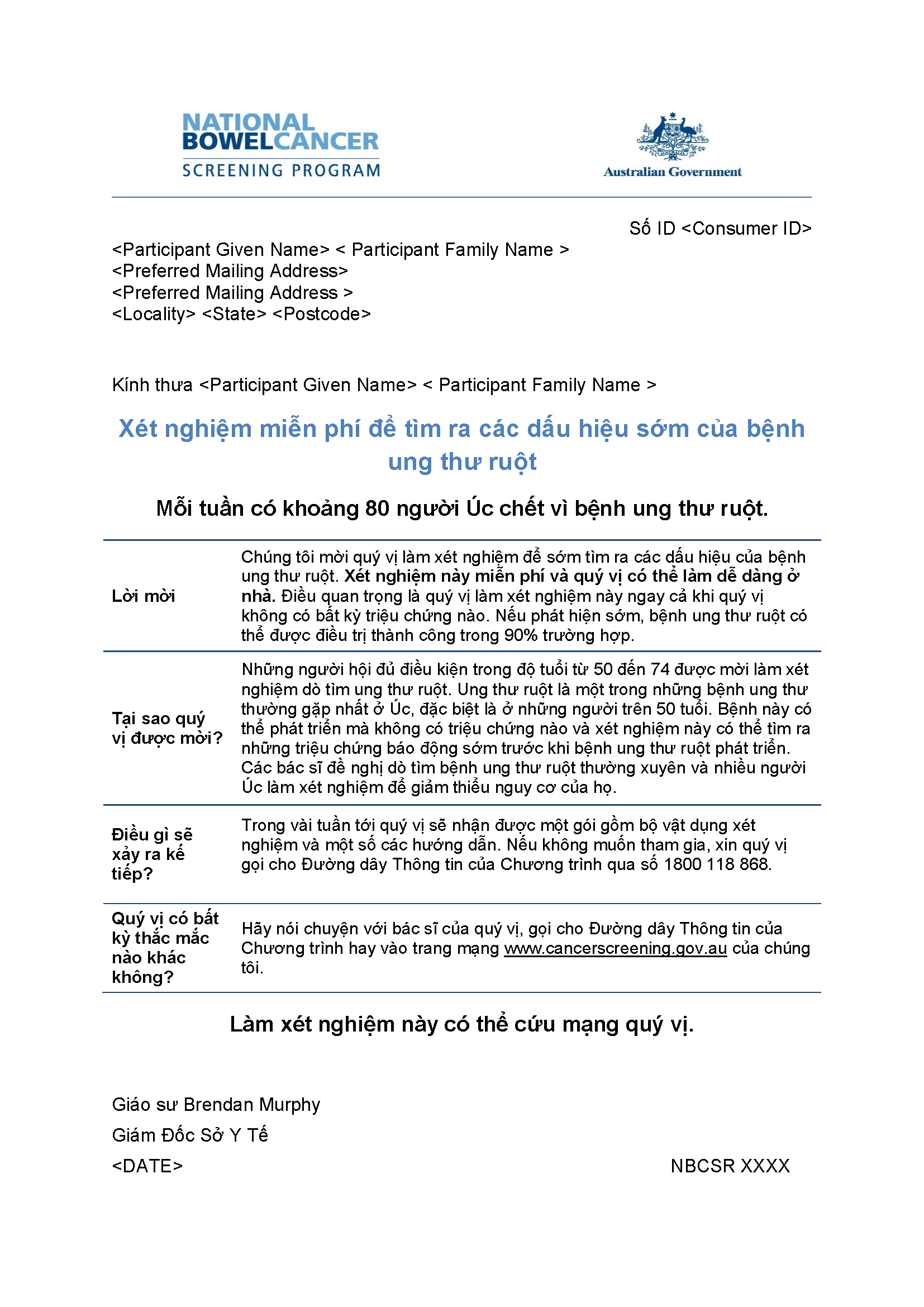 Cover image for National Bowel Cancer Screening Program – Pre-invite letter (Vietnamese).