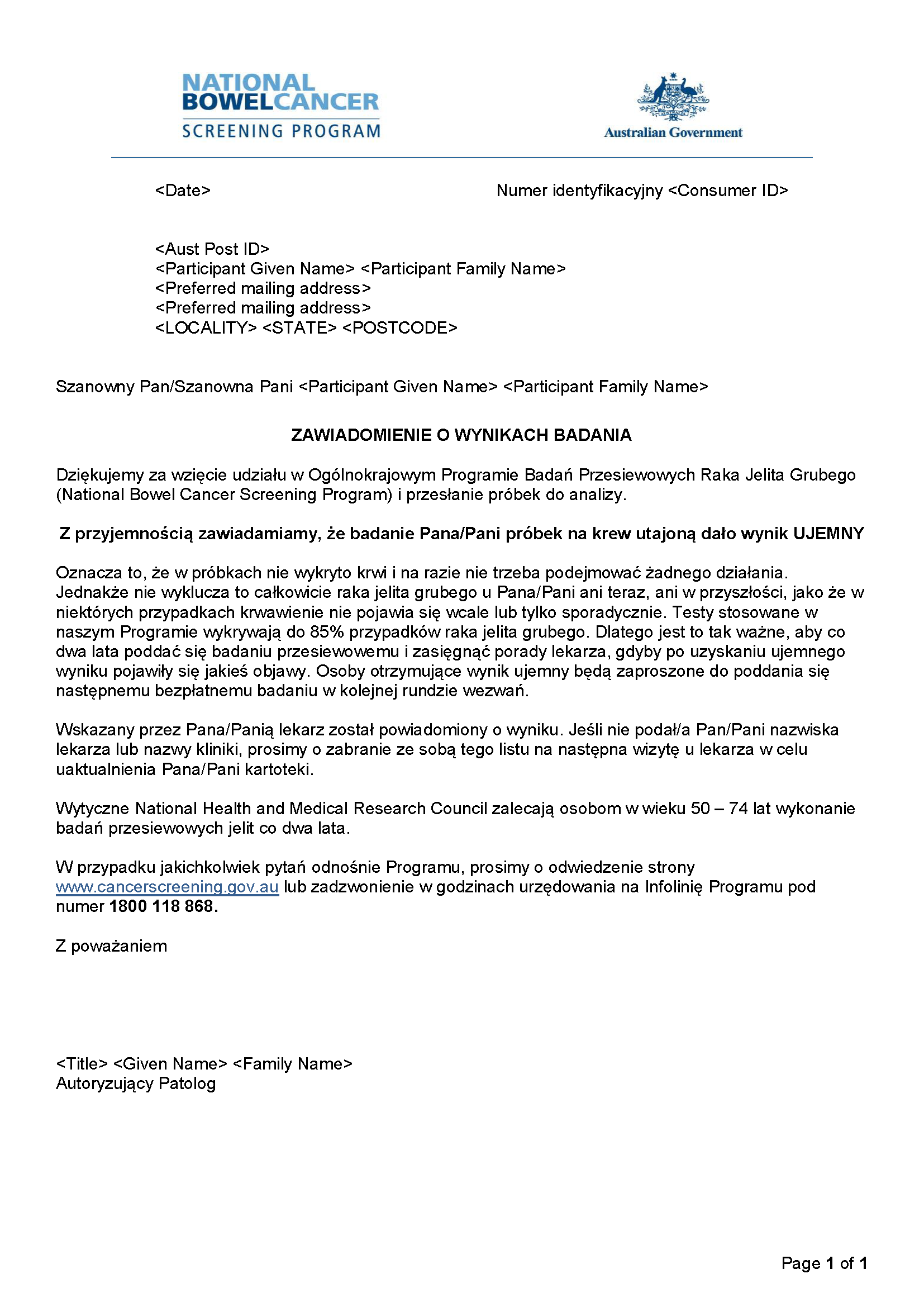 Cover image for National Bowel Cancer Screening Program – Results notification letter – negative (Polish).