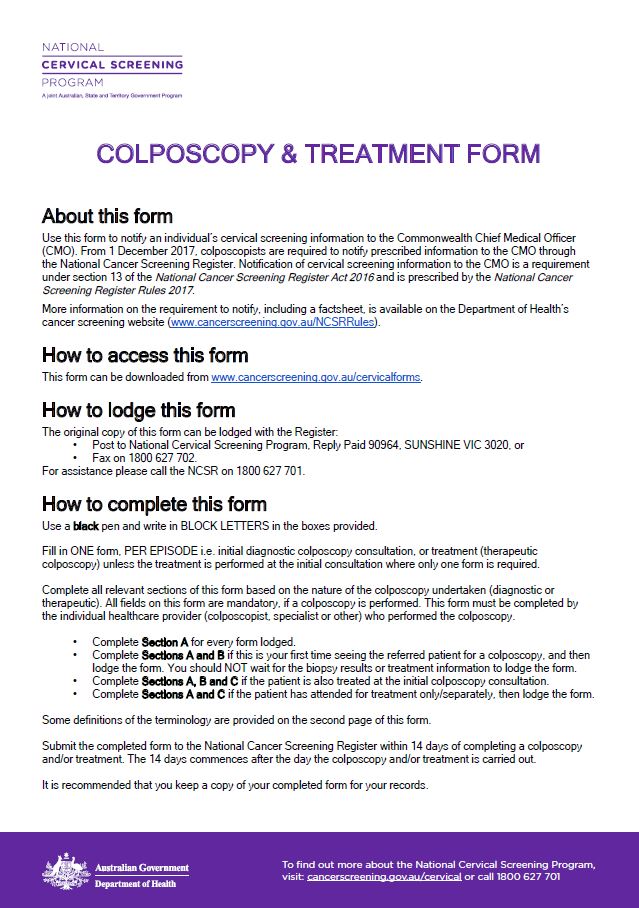 Cover image for National Cervical Screening Program – colposcopy and treatment form.