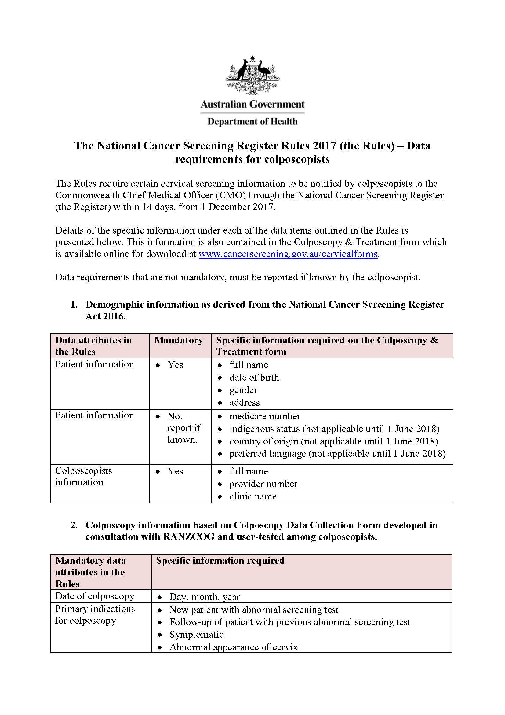 Cover image for National Cervical Screening Program – data requirements for colposcopists.