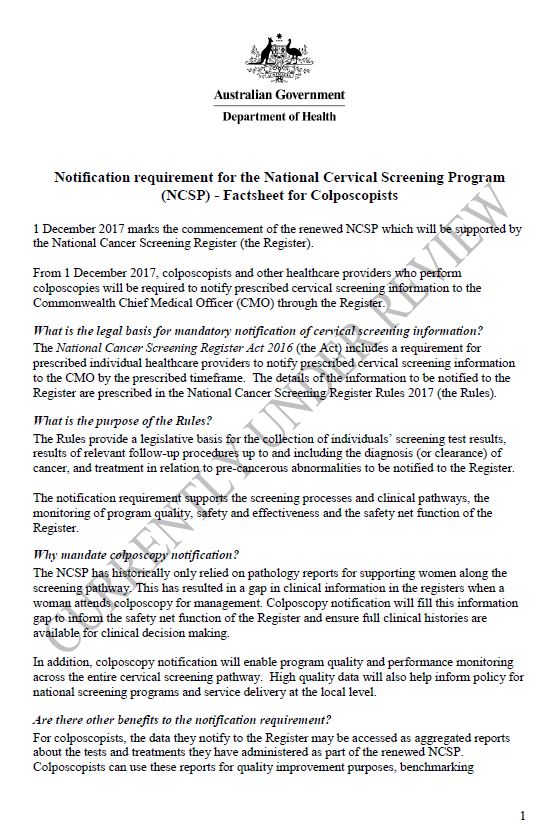 Cover image for National Cervical Screening Program – fact sheet for colposcopists.