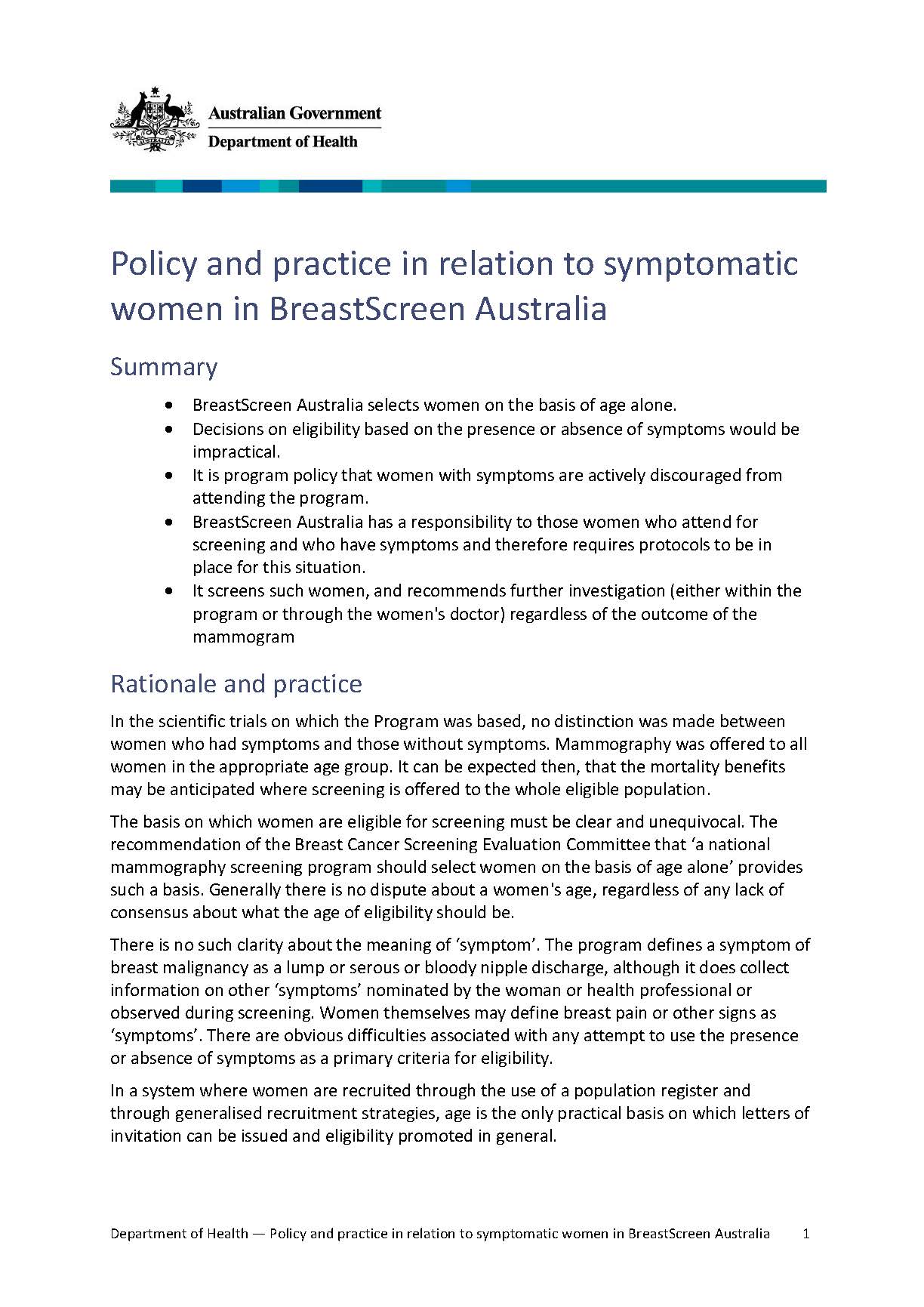 Cover image for Policy and practice in relation to symptomatic women