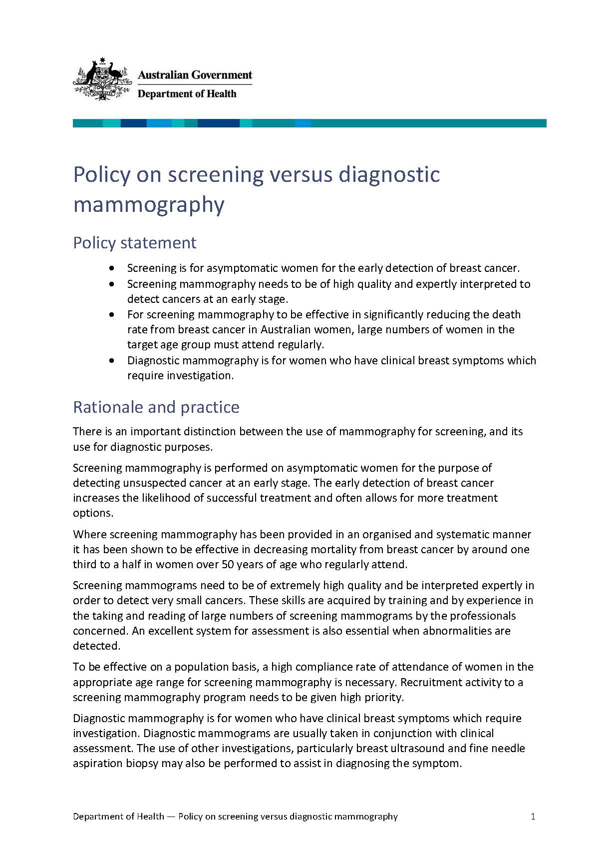 Cover image for Policy on screening versus diagnostic mammography