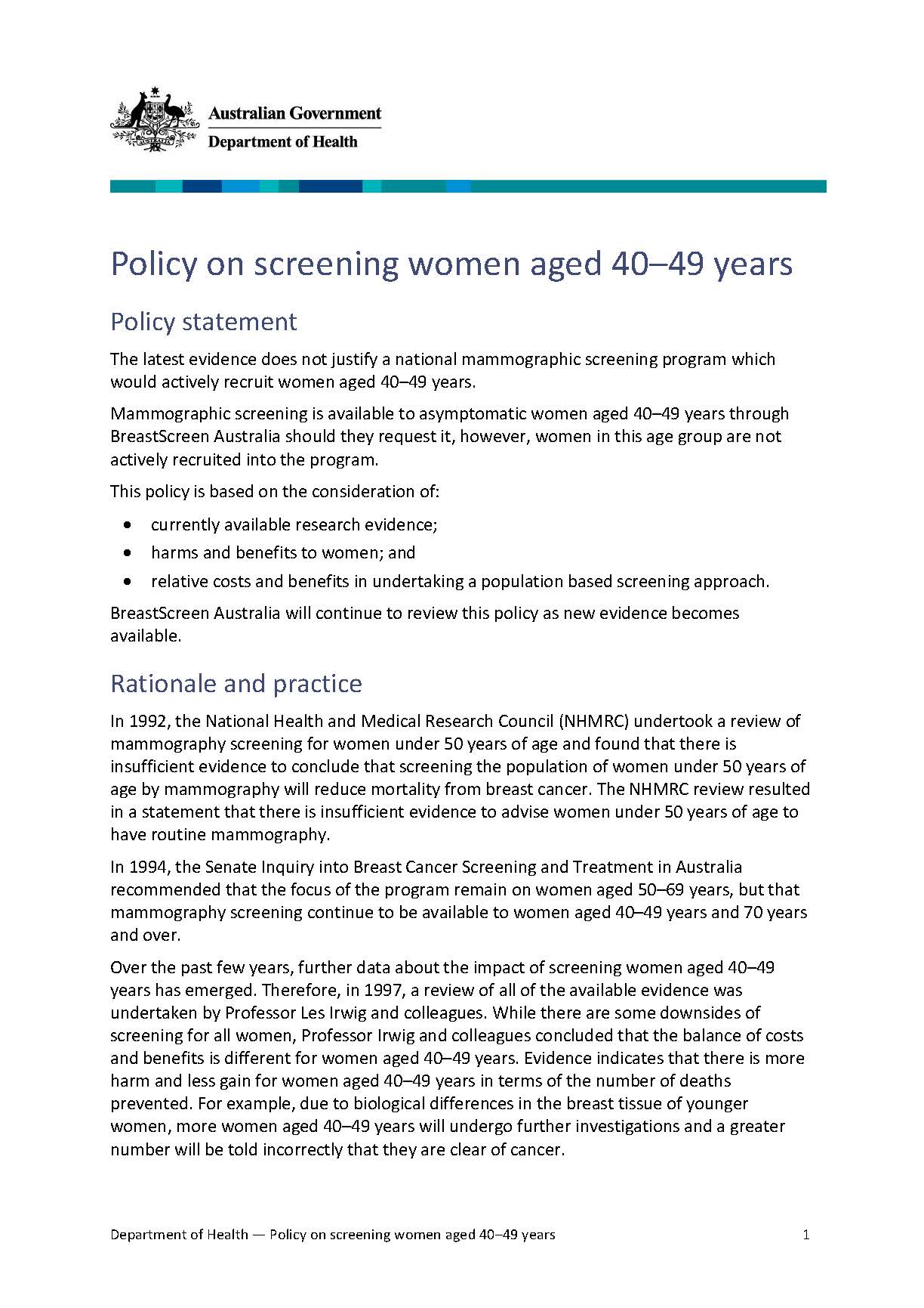 Cover image for Policy on screening women aged 40–49