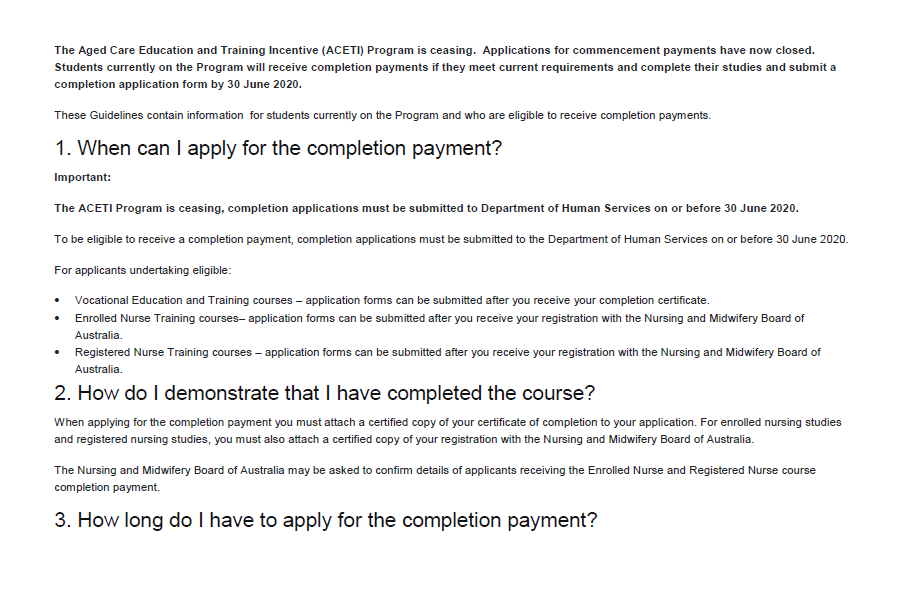 Aged Care Education And Training Incentive Aceti Program Guidelines Australian Government Department Of Health
