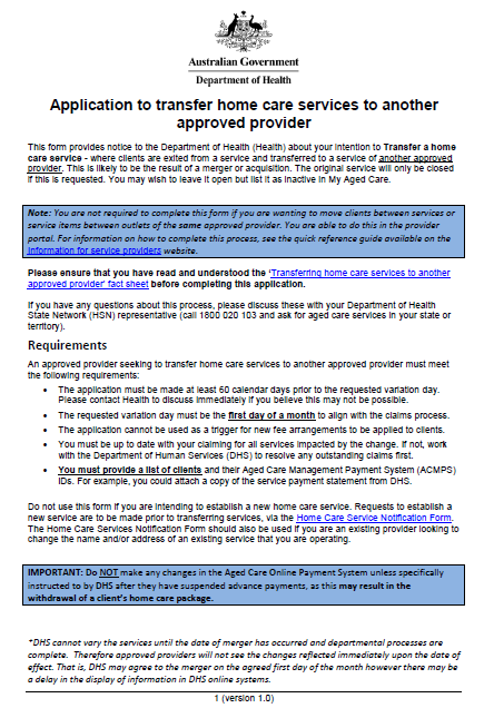 Application form to transfer home care services to another approved provider cover