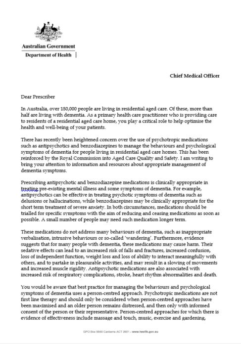 cover of cmo letter to prescribers
