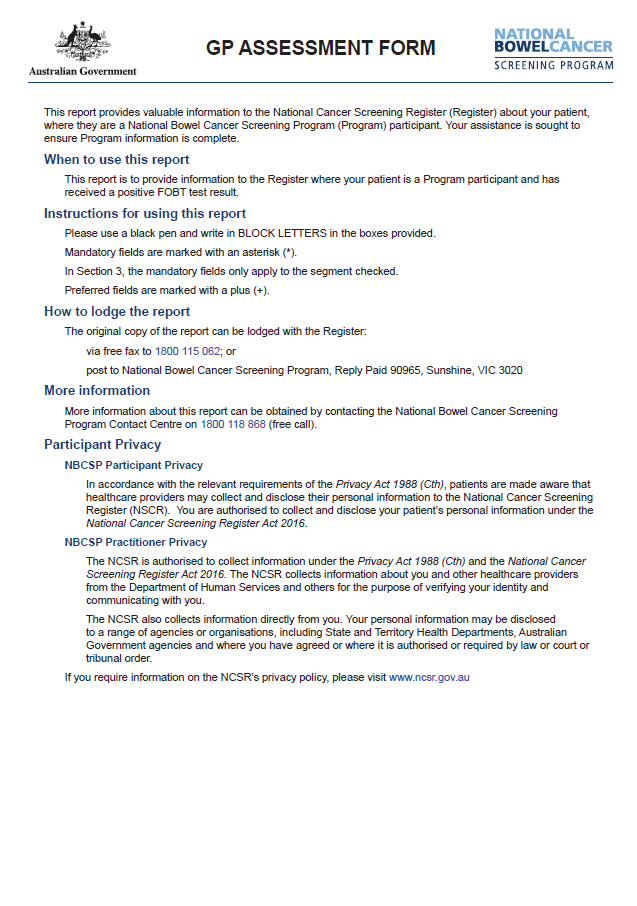 Cover image for National Bowel Cancer Screening Program HP assessment report form