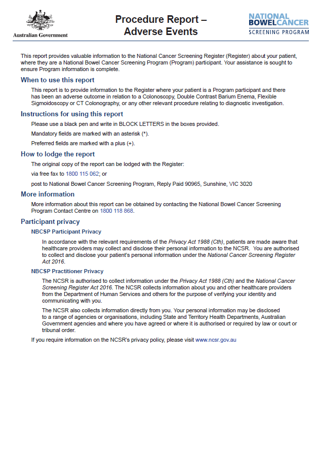 Cover image for National Bowel Cancer Screening Program adverse events report form