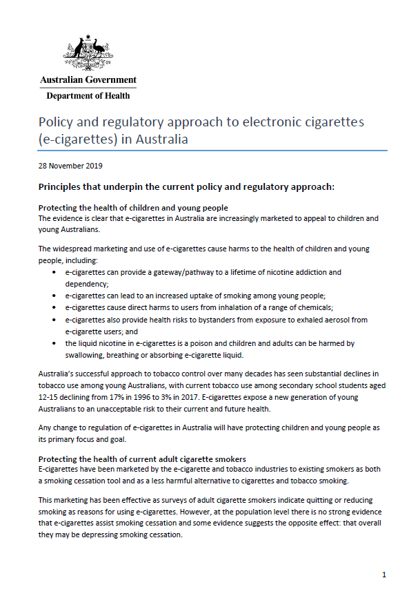 Policy and regulatory approach to electronic cigarettes (e-cigarettes) in Australia cover