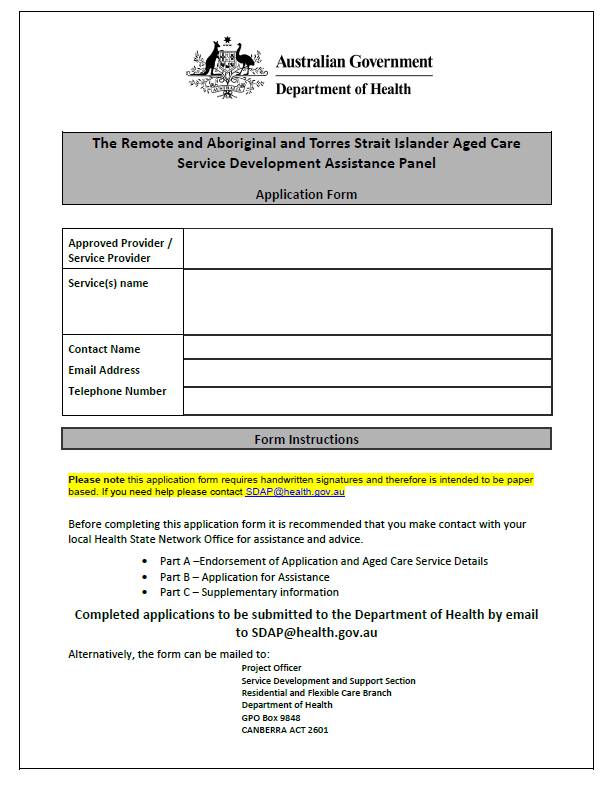 Remote and Aboriginal and Torres Strait Islander Aged Care SDAP application form cover