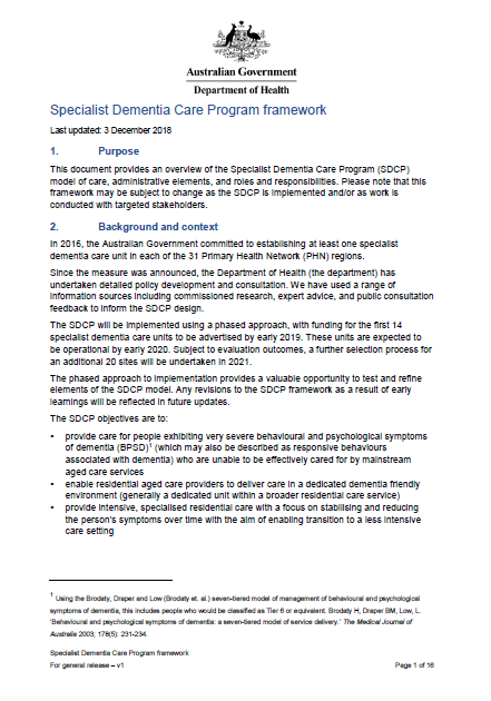 Specialist Dementia Care Program framework cover