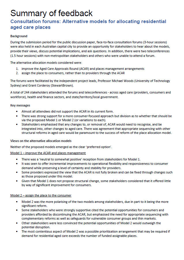 Cover image for Consultation Forums: Alternative Models for Allocating Residential Aged Care Places – Summary of Feedback