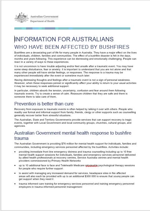Information for people affected by bushfires