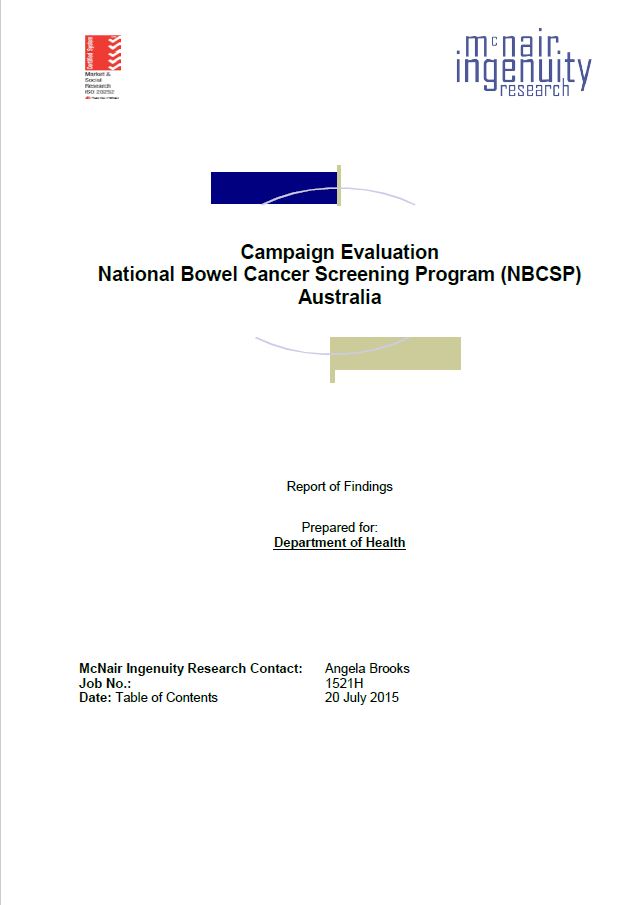 Cover image for National Bowel Cancer Screening – Campaign Evaluation 2015 – Report of Findings.