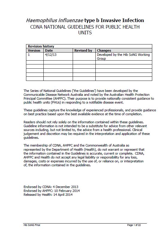 Cover image for CDNA National Guidelines – Haemophilus Influenzae Type b Invasive Infection