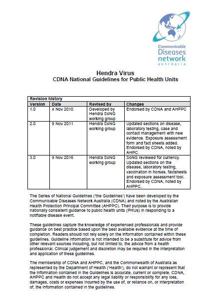Cover image for CDNA National Guidelines – Hendra Virus