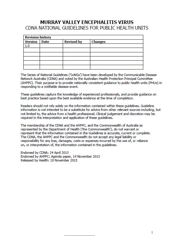 Cover image for CDNA National Guidelines – Murray Valley Encephalitis Virus