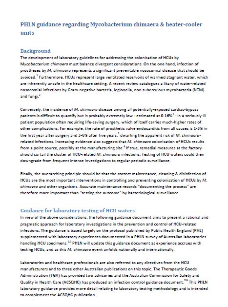 Cover image for PHLN Guidance Regarding Mycobacterium Chimaera and Heater–Cooler Units