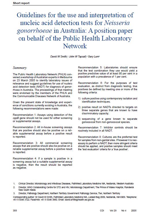 Cover image for PHLN Guidelines for the Use and Interpretation of Nucleic Acid Detection Tests for Neisseria gonorrhoeae in Australia