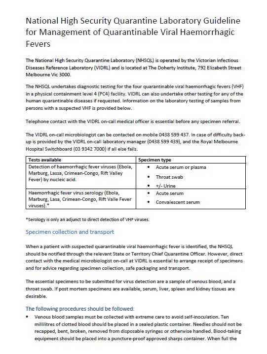Cover image for National High Security Quarantine Laboratory Guideline for Management of Quarantinable Viral Haemorrhagic Fevers